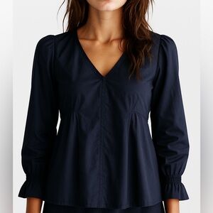 Tuckernuck Pomander Place Easton Blouse Navy Puff Sleeve V-Neck Peplum XS